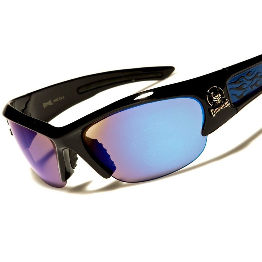 Motorcycle Biker Wrap Shield Chopper Skull Blue Mirrored Lens Sport Sunglasses